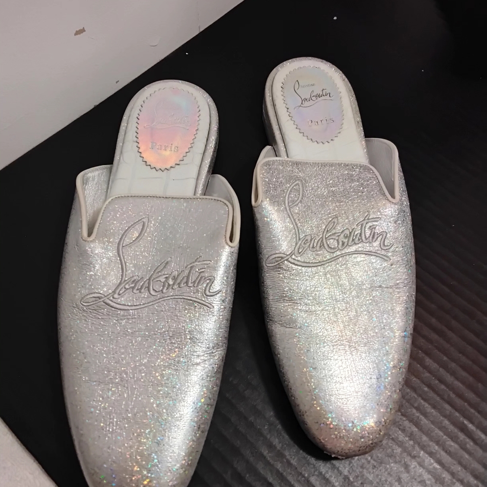 Christian Louboutin Silver Glitter Leather Mules